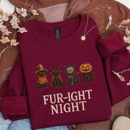 Maroon sweatshirt with Halloween-themed design featuring cats in costumes and 'Fur-ight Night' text, lying on a brown jacket background.