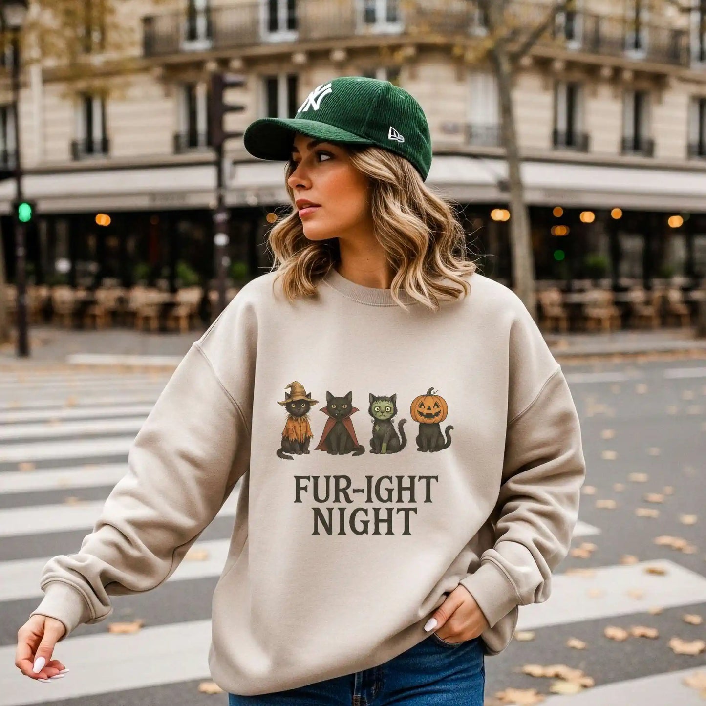 A woman wearing a beige sweatshirt with a Halloween-themed design featuring cats in costumes and 'Fur-ight Night' text, walking on a city street.