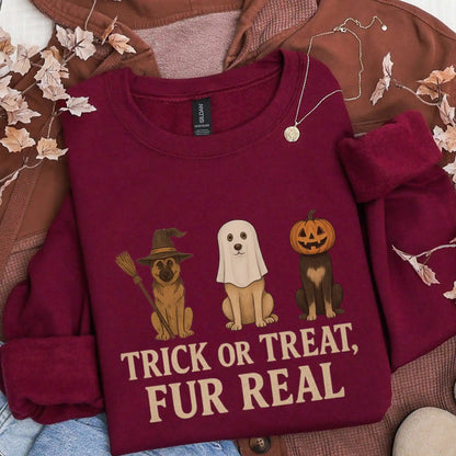 Maroon sweatshirt with Halloween-themed design featuring dogs in costumes with "trick or treat, fur real" text with brown jacket in background.