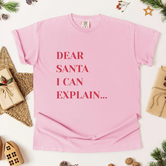 Pink t-shirt with 'Dear Santa I can explain' text on a white background with Christmas decorations.