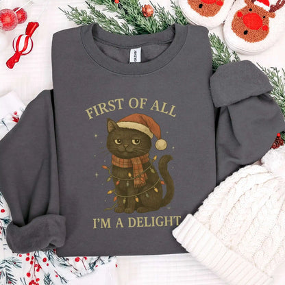 Charcoal sweatshirt with a cat wearing a Santa hat and scarf graphic on a festive background.